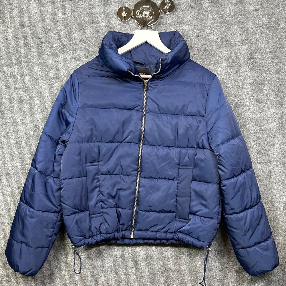 Ambiance Quilted Puffer Jacket Women's Navy Cinch Hem Full Zip Outdoor - Medium